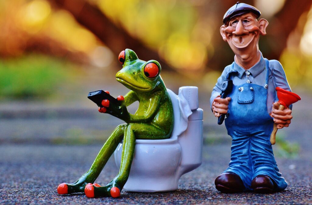 Frog on toilet and figure with plunger.
