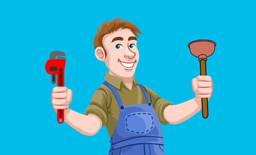 Cartoon plumber holding a wrench and plunger, smiling against a bright blue background, representing Frost & Kretsch Plumbing Inc.'s reliable plumbing services.