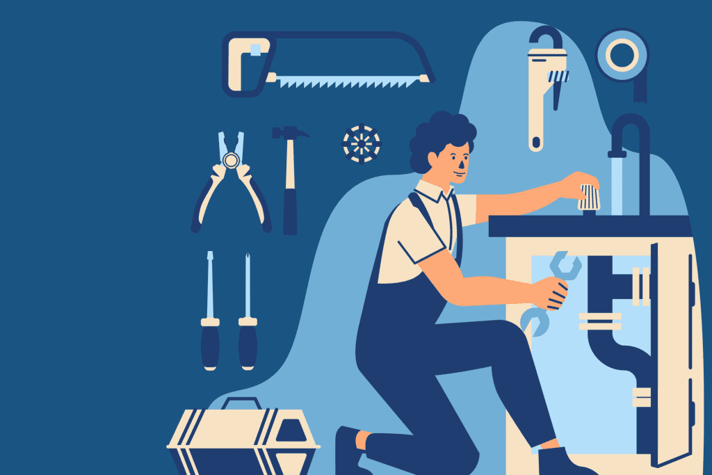 Illustration of plumber working with tools and fixtures.