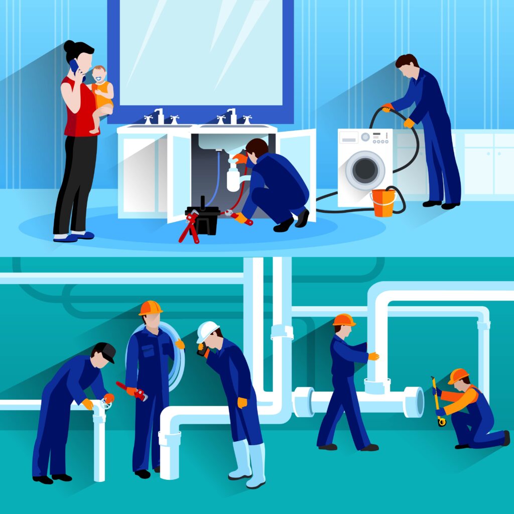 Illustration of plumbing maintenance, featuring a woman on the phone with a baby, and two plumbers working on a bathroom sink and washing machine, alongside a team of plumbers repairing pipes in a basement setting, emphasizing essential plumbing services and water heater maintenance.