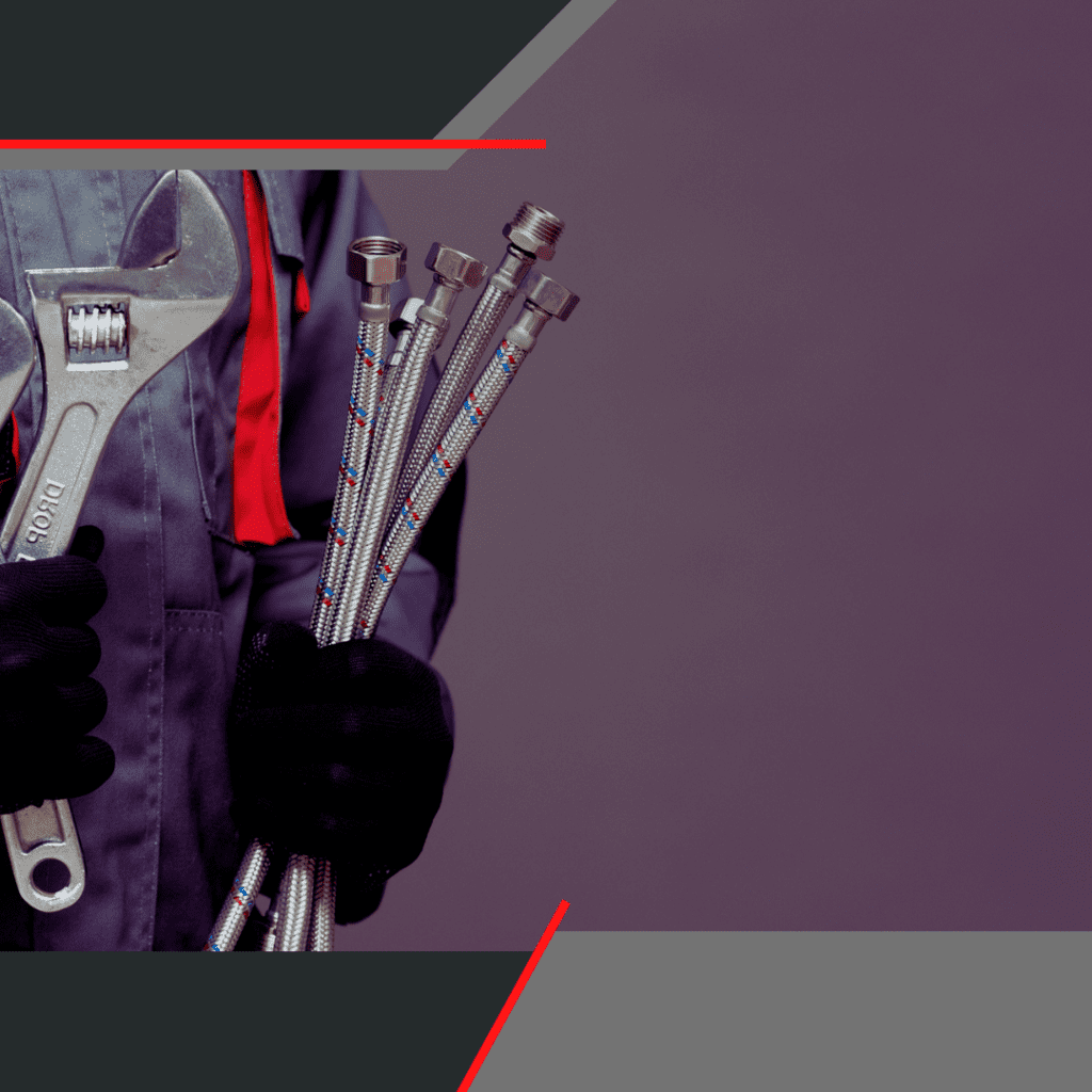 Plumber holding adjustable wrench and plumbing hoses, representing expert plumbing services by Frost & Kretsch Plumbing Inc in Warren, Michigan.