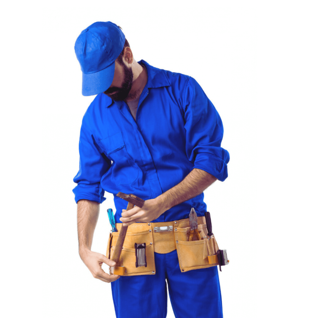 Plumber in blue uniform adjusting tools in a utility belt, representing Frost & Kretsch Plumbing Inc's professional plumbing services in Eastpointe.