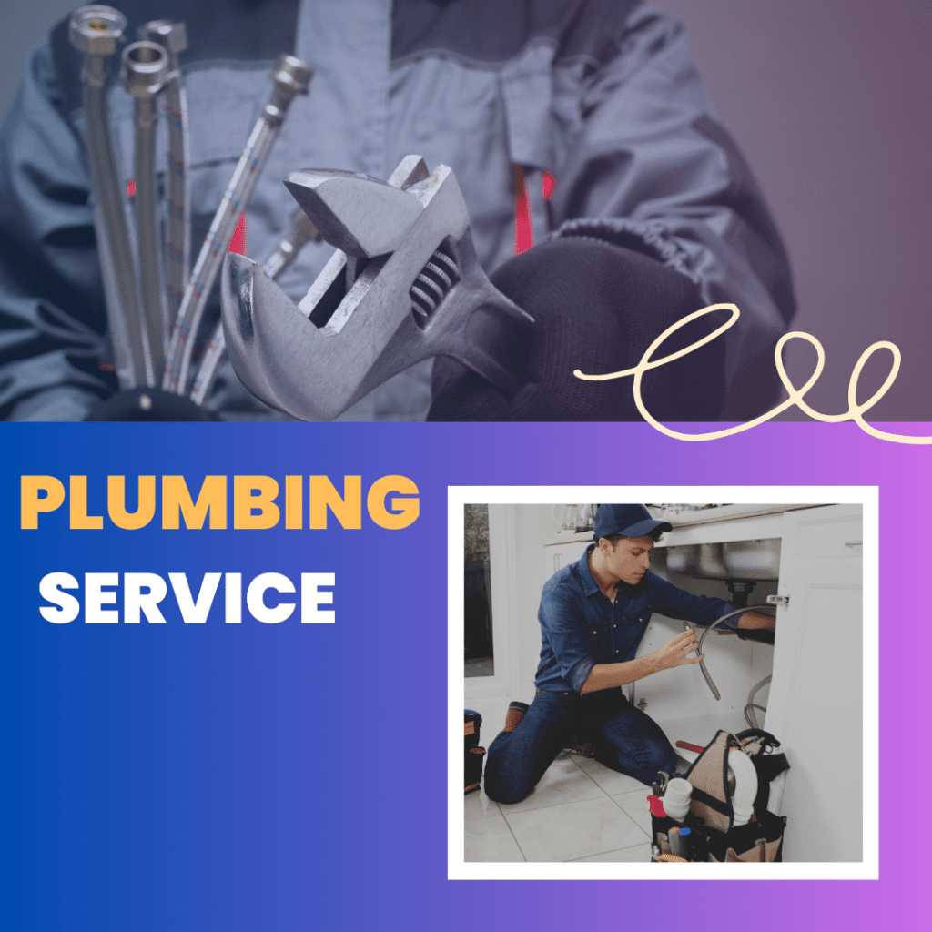 Plumbing service graphic featuring tools and a plumber working under a sink, emphasizing Frost & Kretsch Plumbing Inc's expertise in reliable plumbing solutions.