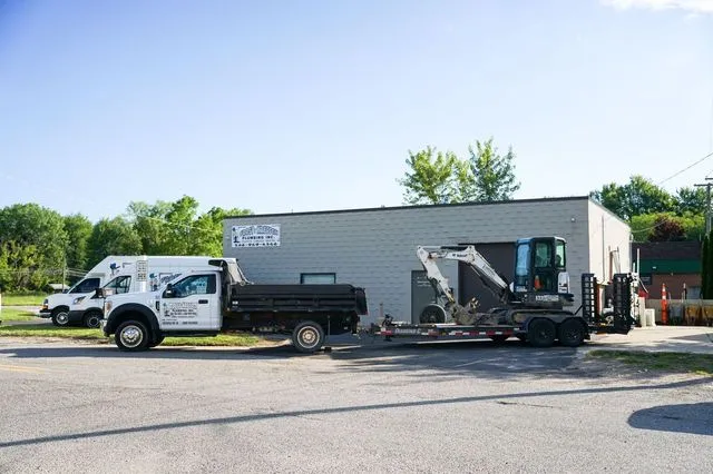 Commercial vehicles and building exterior.