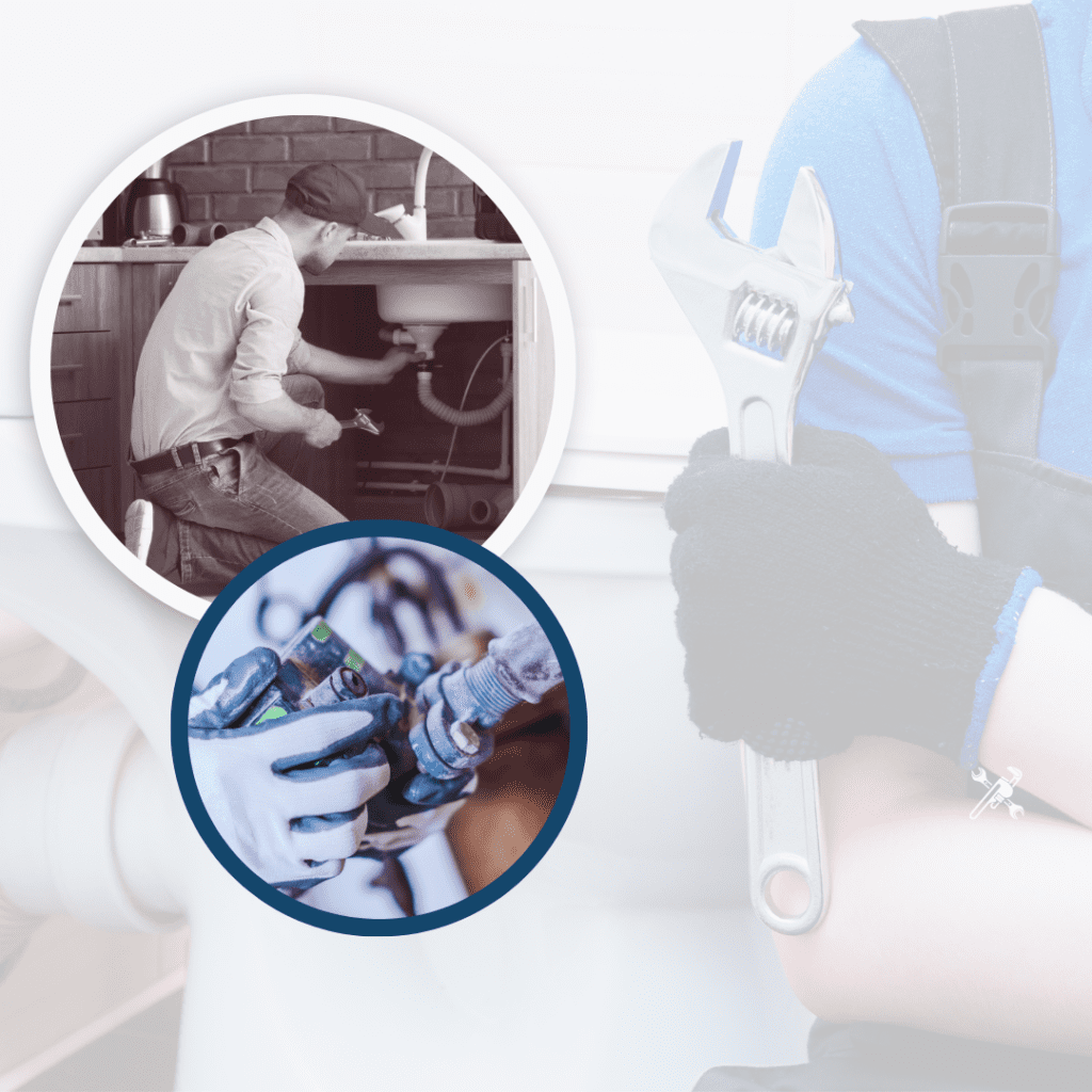 Plumber working under a sink, holding a wrench, and hands connecting plumbing fittings, emphasizing reliable plumbing services in Clinton Township.