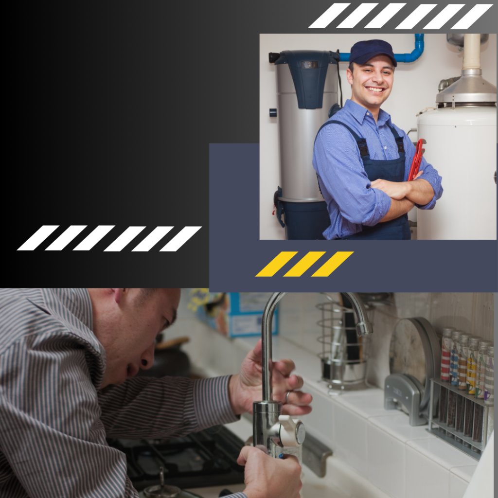 Professional plumber smiling with tools, and another plumber repairing a kitchen faucet, representing reliable plumbing services in Fraser by Frost & Kretsch Plumbing Inc.