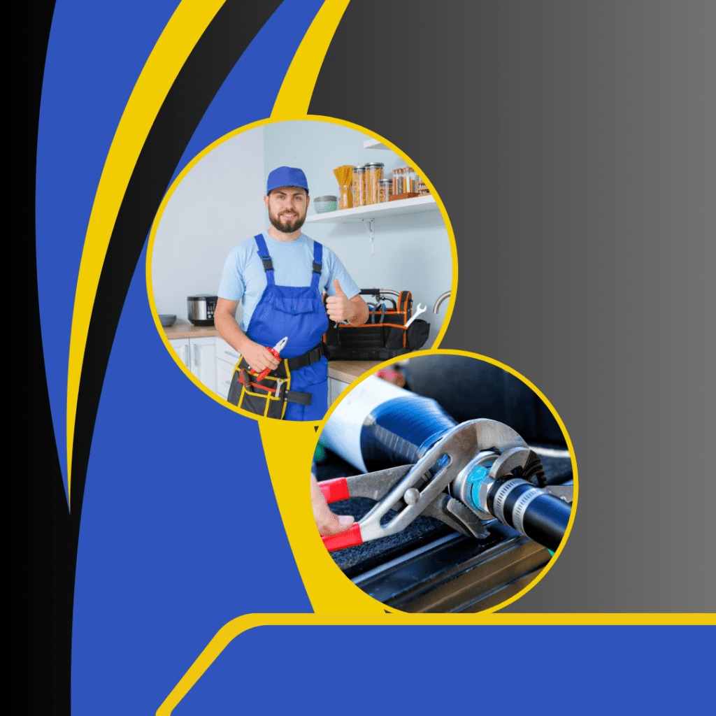 Plumber giving a thumbs up in a kitchen with tools, plumbing pipe and wrench close-up, emphasizing plumbing services and maintenance.