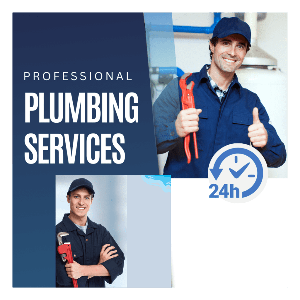 Professional plumbing services graphic featuring two smiling plumbers holding tools, emphasizing 24-hour availability and expertise in plumbing solutions.