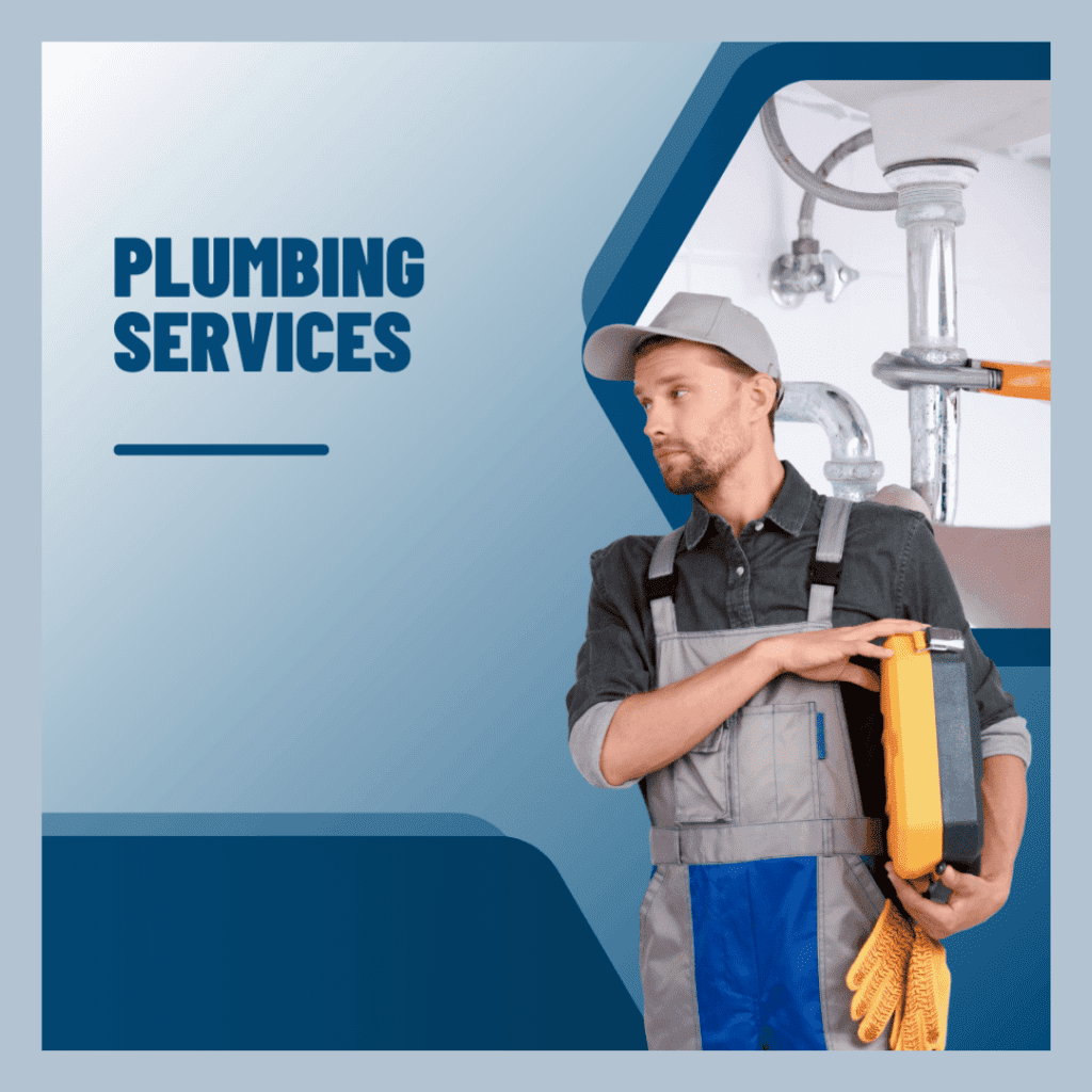 Plumbing services graphic featuring a plumber in work attire holding tools, emphasizing professional plumbing assistance for homeowners.