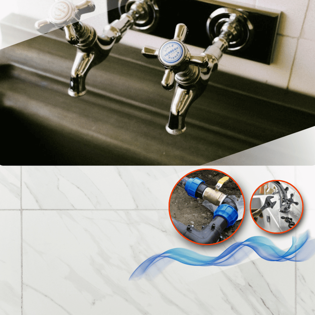 Plumbing fixtures with chrome faucets and plumbing components, emphasizing reliable plumbing services in Romeo by Frost & Kretsch Plumbing.