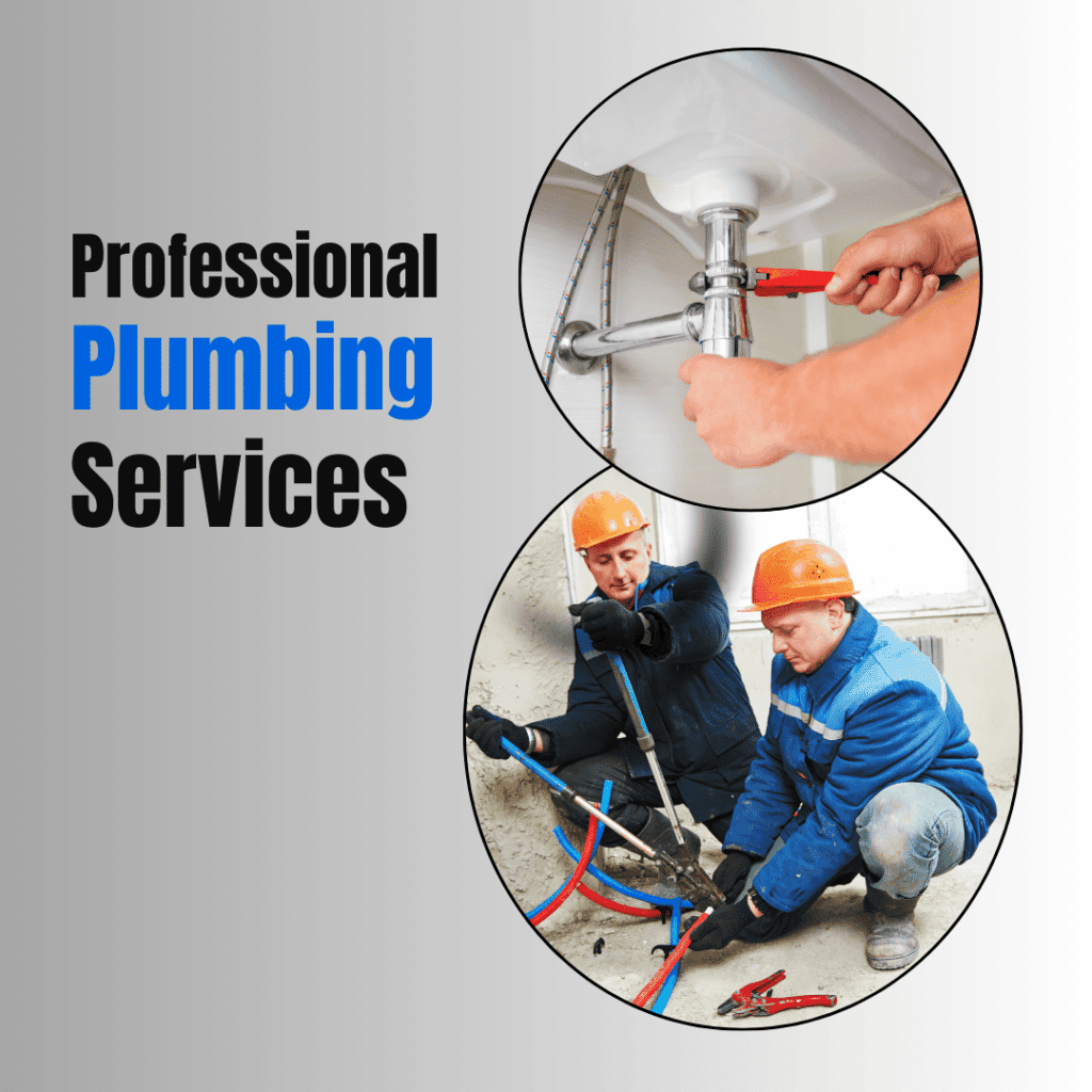 Professional plumbing services featuring a plumber working on a sink and two technicians installing pipes, emphasizing reliable plumbing solutions in Romeo.