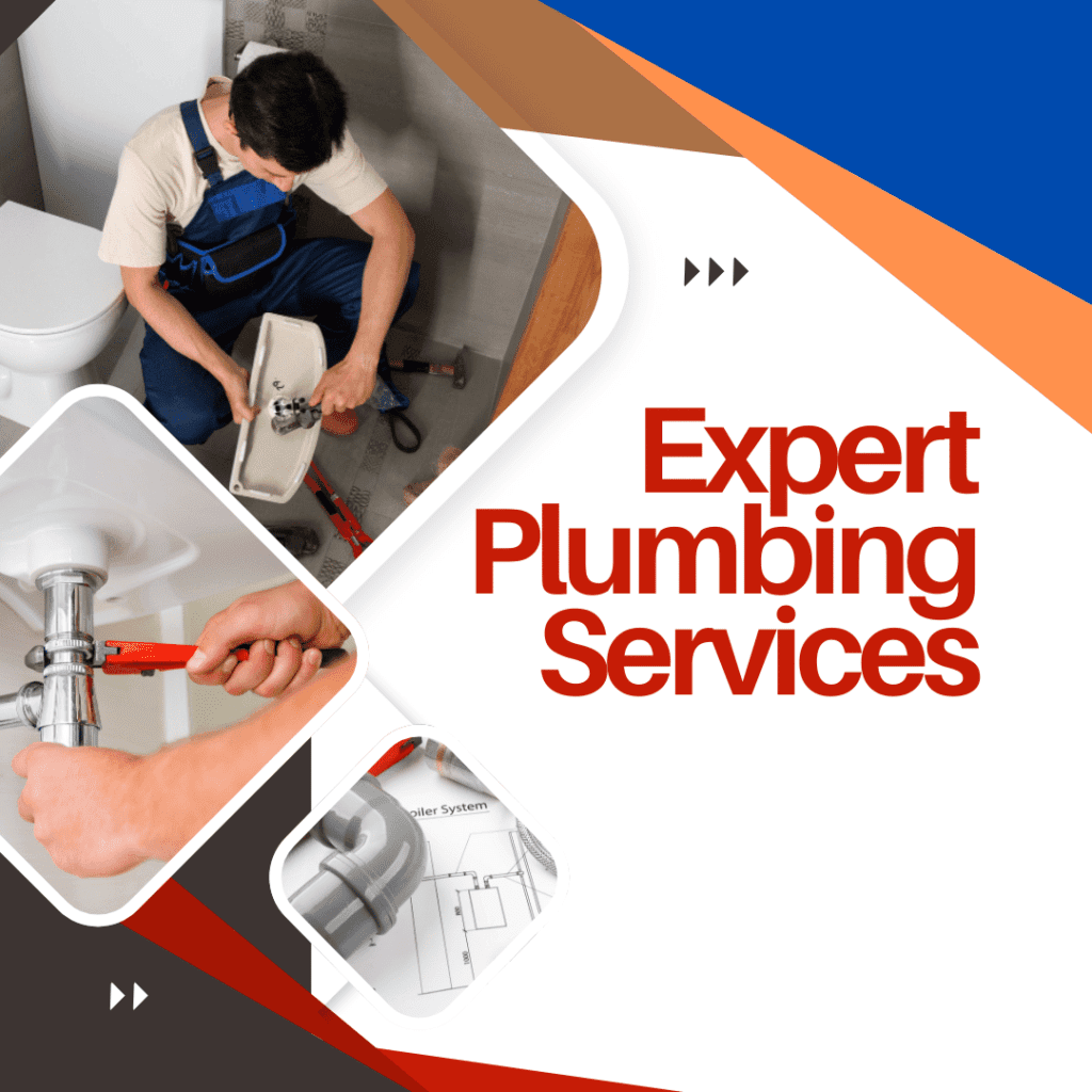 Plumber installing a toilet and adjusting plumbing fixtures, featuring text "Expert Plumbing Services," emphasizing professional plumbing for bathroom and kitchen remodeling.