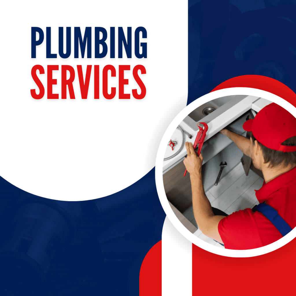 Plumbing services graphic featuring a plumber in a red shirt using a wrench, emphasizing reliability and expertise for plumbing needs in Saint Clair Shores.