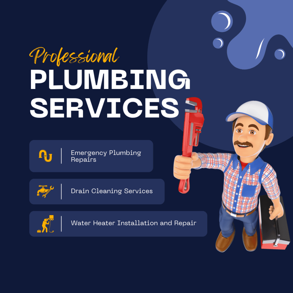 Professional plumbing services including emergency repairs, drain cleaning, and water heater installation, featuring a smiling plumber holding a wrench against a dark blue background.