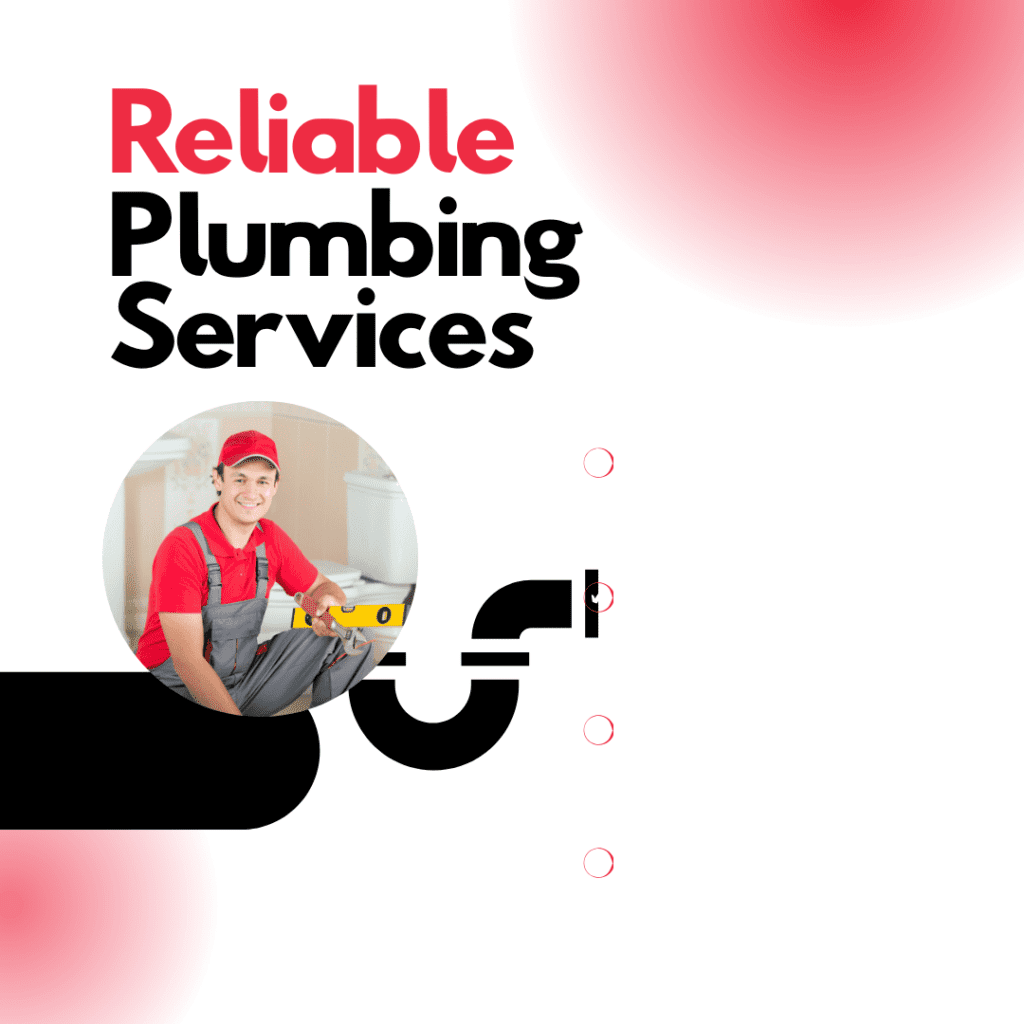 Reliable plumbing services graphic featuring a smiling plumber in red attire holding a level tool, emphasizing professionalism and expertise in plumbing solutions.