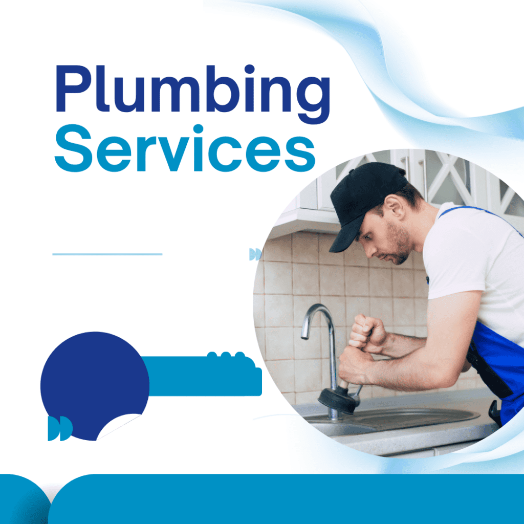 Plumber using a plunger on a kitchen sink, with the text "Plumbing Services" prominently displayed, representing Frost & Kretsch Plumbing's expert services in Utica.