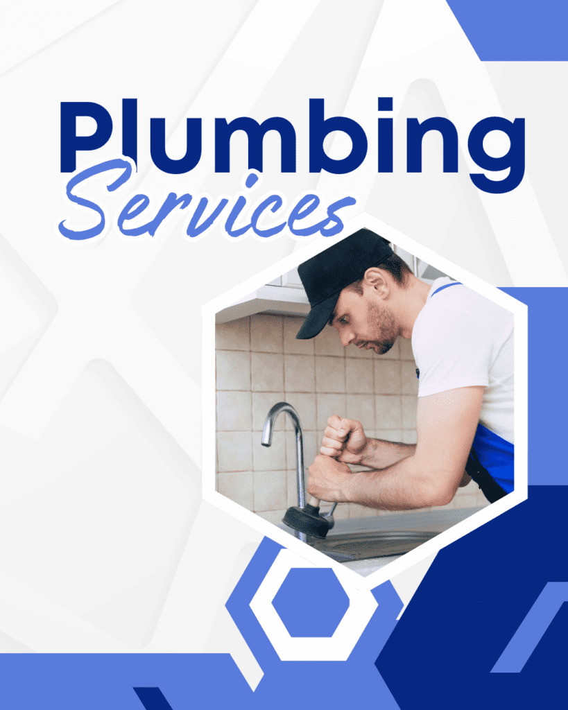 Plumber using a plunger in a kitchen sink, highlighting plumbing services with blue and white geometric design, relevant to Frost & Kretsch Plumbing Inc. in Warren, Michigan.