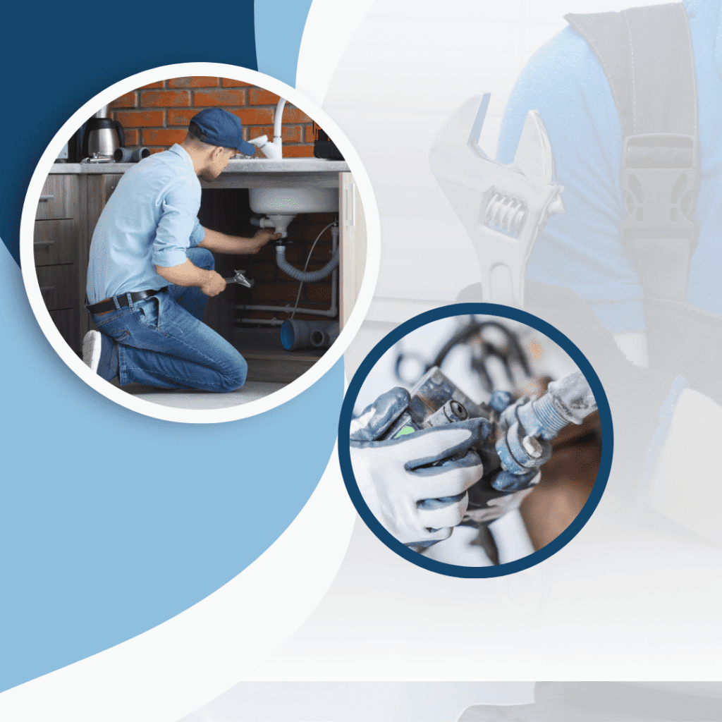 Plumber inspecting under sink and hands adjusting plumbing fittings, representing professional plumbing services in Warren, Michigan by Frost & Kretsch Plumbing Inc.