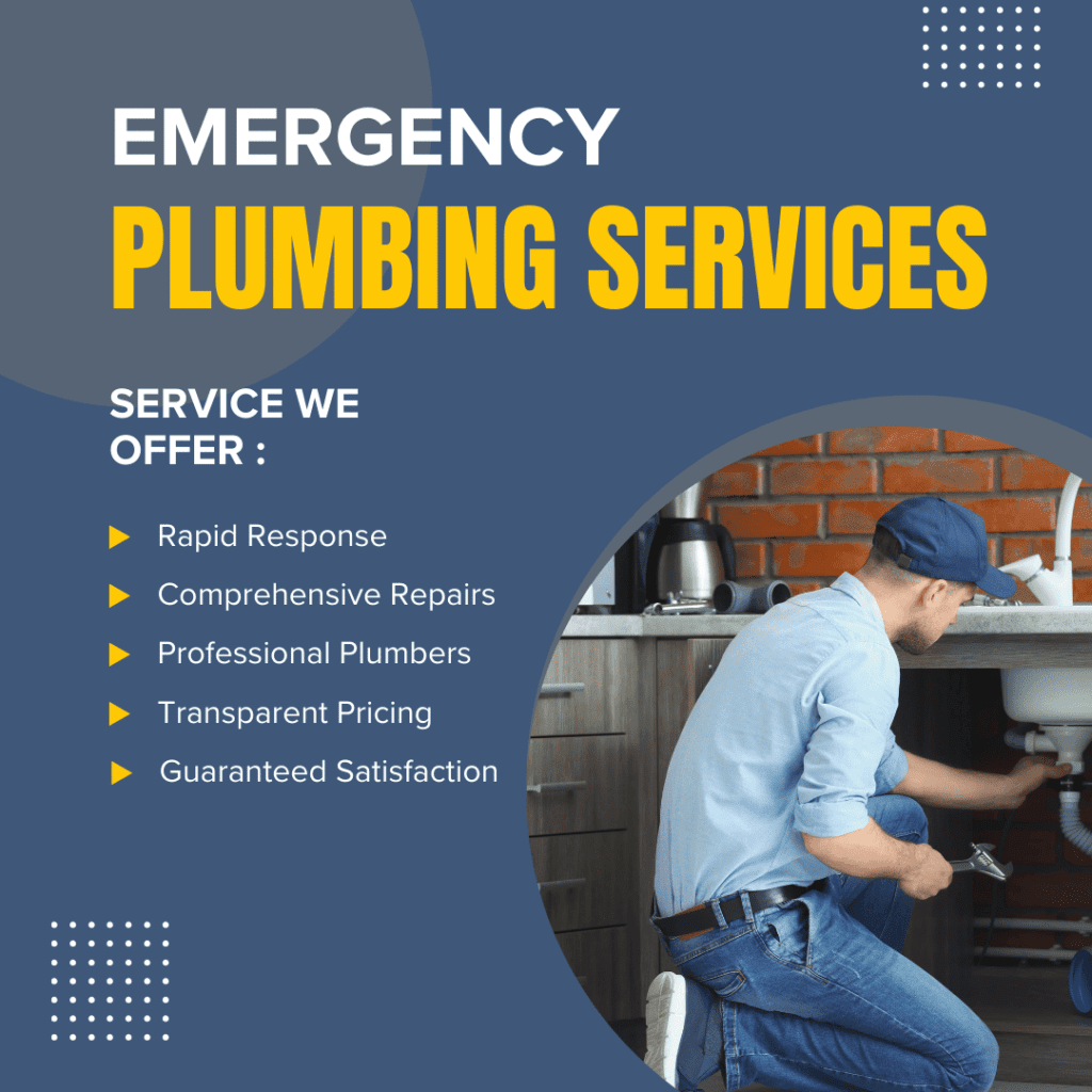 Emergency plumbing services advertisement featuring a professional plumber providing comprehensive repairs, emphasizing rapid response, transparent pricing, and guaranteed satisfaction.