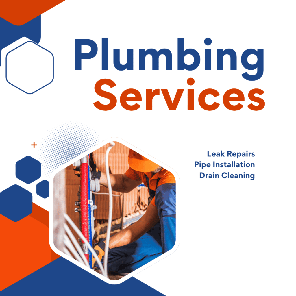 Plumbing services graphic featuring a plumber performing pipe installation, with text highlighting leak repairs, pipe installation, and drain cleaning.