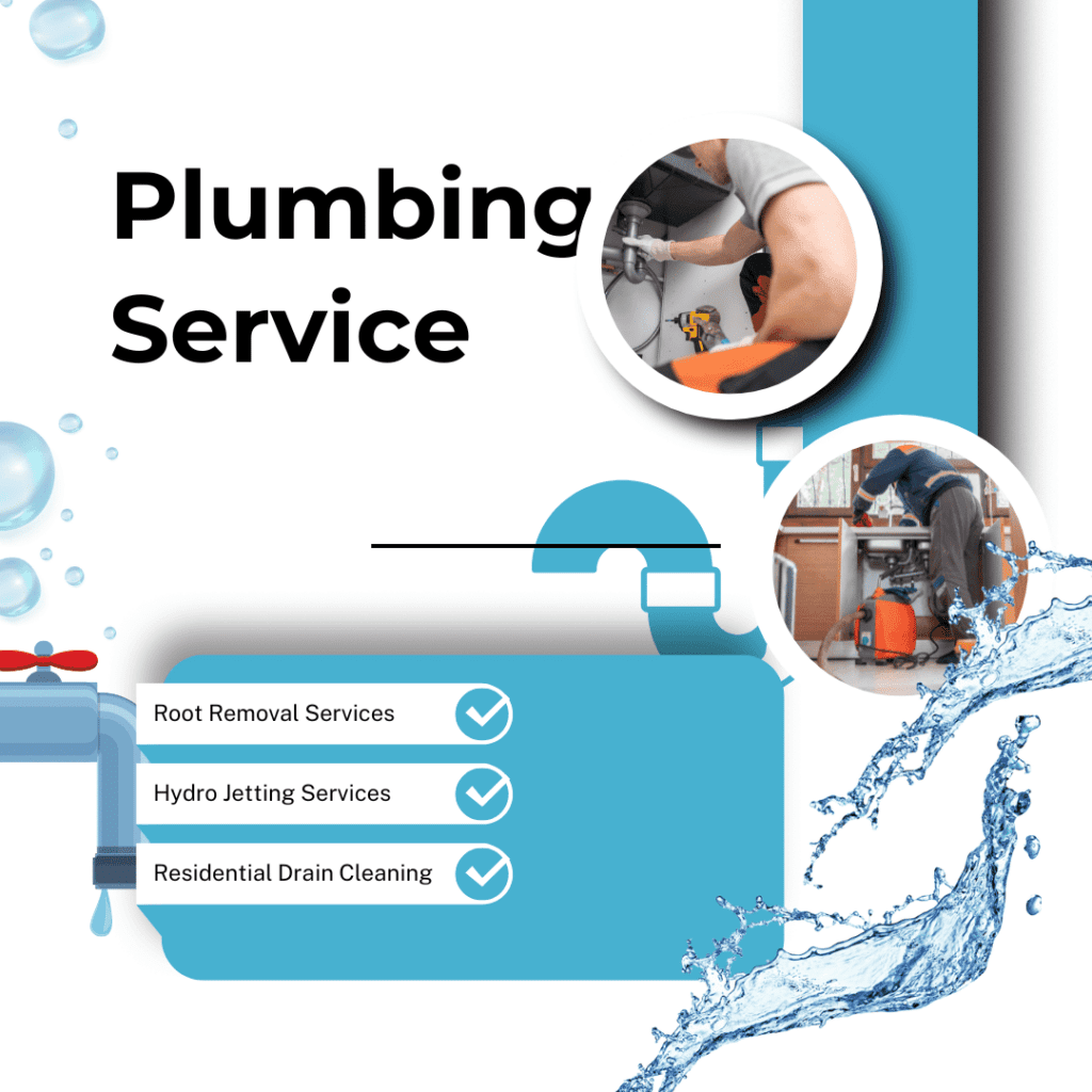 Plumbing service advertisement featuring root removal, hydro jetting, and residential drain cleaning, with images of a plumber at work and water elements, highlighting Frost & Kretsch Plumbing's expertise in Eastpointe.