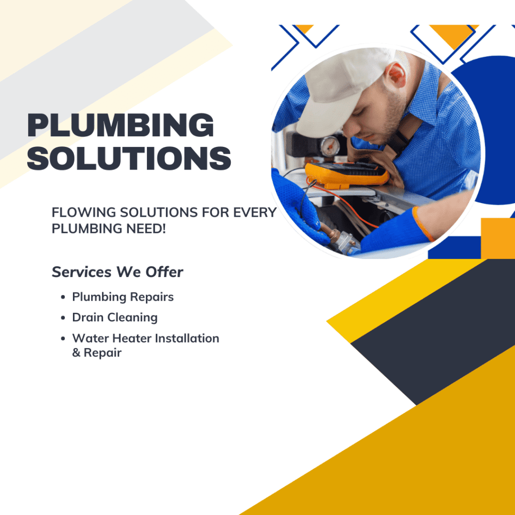 Plumbing solutions graphic featuring a plumber repairing equipment, highlighting services like plumbing repairs, drain cleaning, and water heater installation, relevant to Frost & Kretsch Plumbing in Eastpointe.