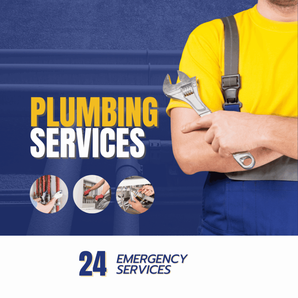 Plumber in yellow shirt with adjustable wrench, promoting plumbing services and 24-hour emergency assistance, featuring images of plumbing work.