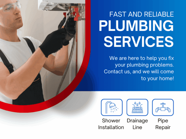 Fast and reliable plumbing services with a technician working on plumbing equipment, featuring icons for shower installation, drainage line, and pipe repair, highlighting Frost & Kretsch Plumbing's expertise in addressing plumbing issues.