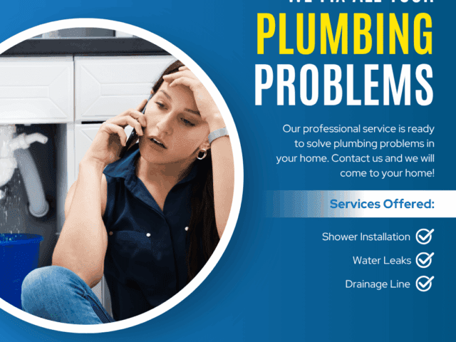 Woman on phone addressing plumbing issues, with text highlighting services offered by Frost & Kretsch Plumbing, including shower installation, water leaks, and drainage line solutions.