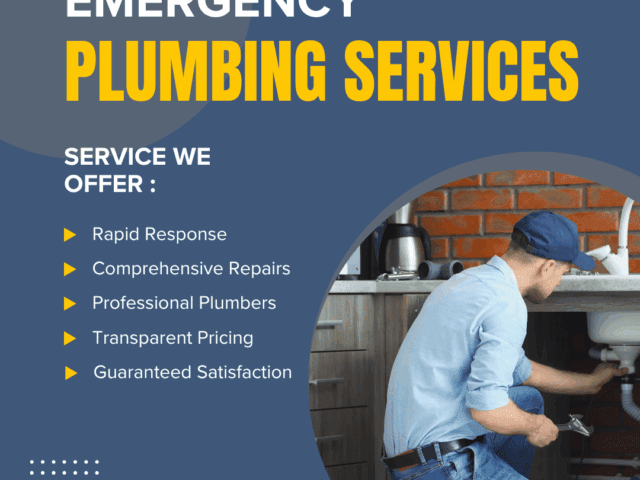 Emergency plumbing services advertisement featuring a plumber providing repairs under a sink, highlighting services like rapid response, comprehensive repairs, professional plumbers, transparent pricing, and guaranteed satisfaction.