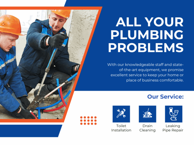Two plumbers in hard hats working on plumbing repairs, featuring text "All Your Plumbing Problems" and service icons for toilet installation, drain cleaning, and leaking pipe repair, emphasizing Frost & Kretsch Plumbing's expertise and quality service.
