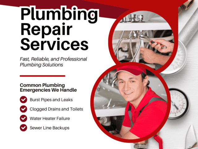 Plumbing repair services advertisement featuring a smiling technician in a red shirt, tools, and plumbing equipment, highlighting common emergencies like burst pipes, clogged drains, water heater failure, and sewer line backups.