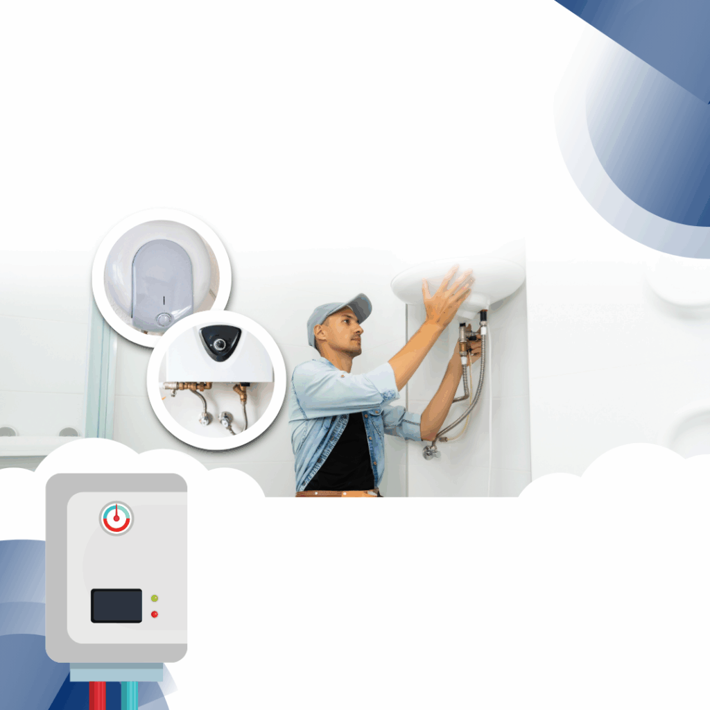 Plumber installing a modern water heater, featuring plumbing connections and equipment, emphasizing reliable plumbing services in Center Line.