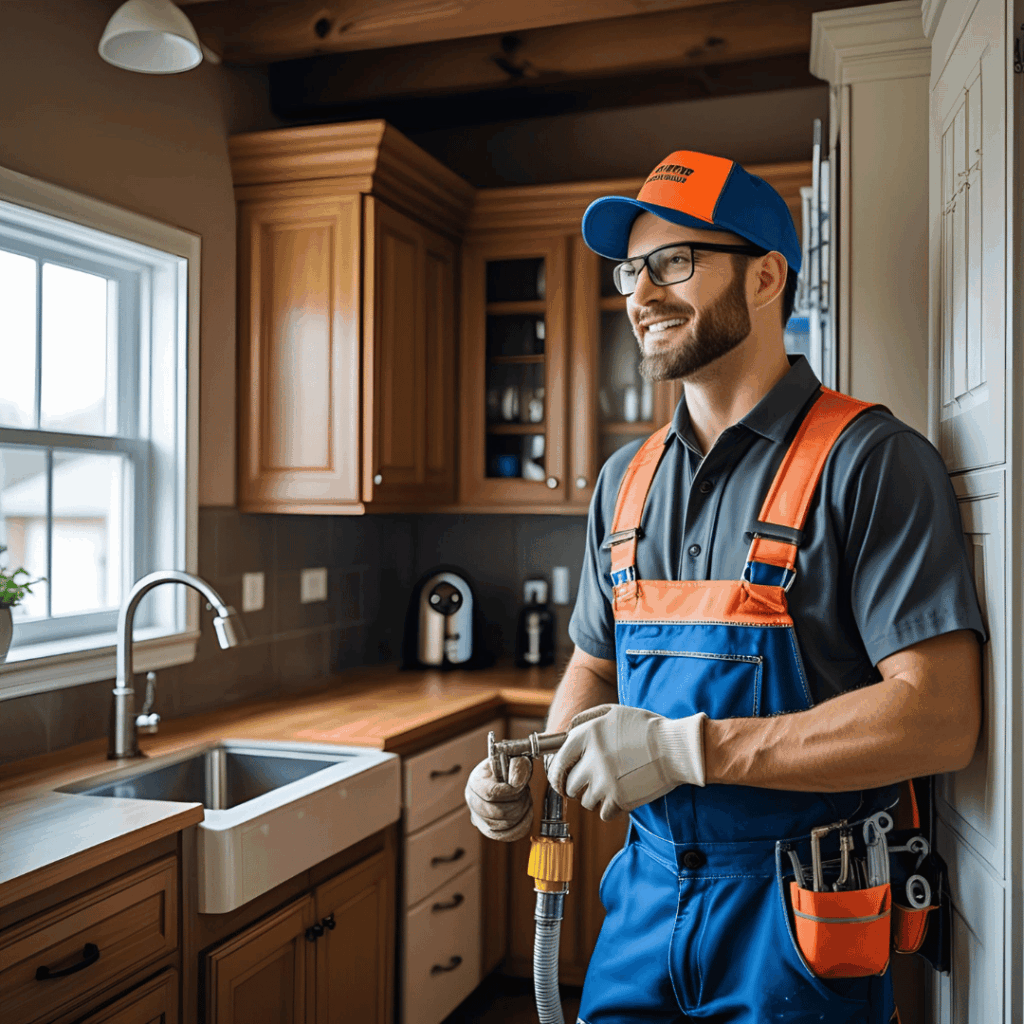 Professional plumber in blue overalls and orange cap holding plumbing tools in a modern kitchen, emphasizing reliable plumbing services in Fraser.