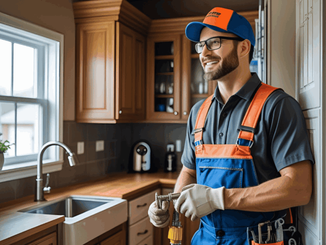 Plumber in uniform smiling while holding plumbing tools in a modern kitchen, representing Frost & Kretsch Plumbing services in Fraser.