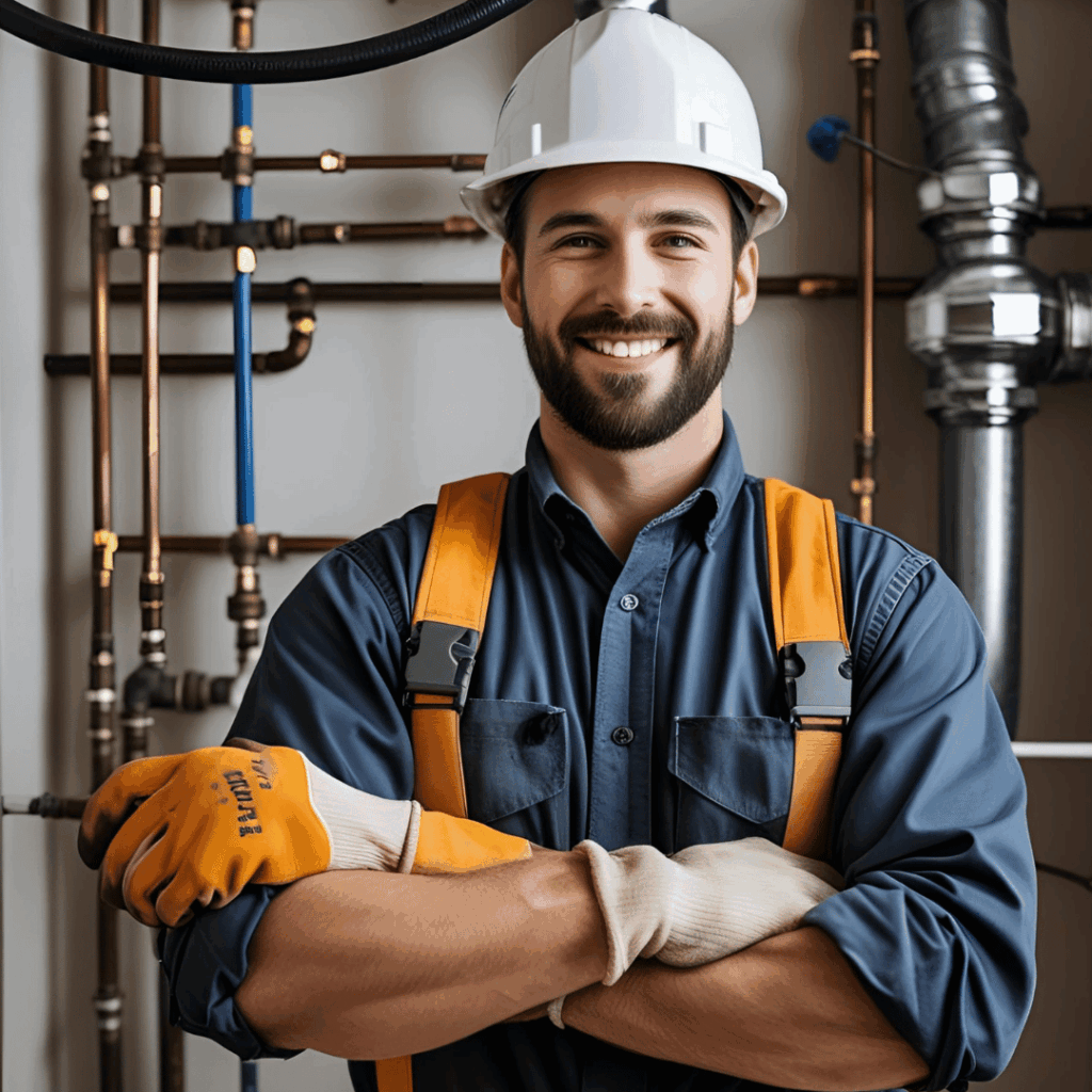 Plumber in safety gear smiling confidently in front of plumbing pipes, representing Frost & Kretsch Plumbing's commitment to water conservation and plumbing services.