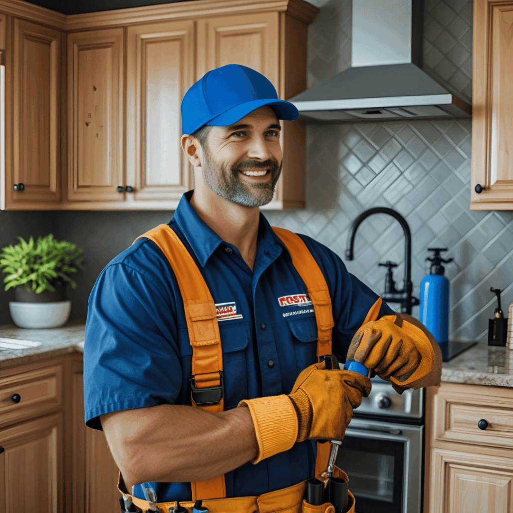 Smiling plumber in blue uniform and cap, holding plumbing tool in kitchen, showcasing Frost & Kretsch Plumbing services for sewer line repairs.