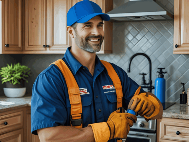 Smiling plumber in blue uniform and cap adjusting plumbing tool in modern kitchen, representing Frost & Kretsch Plumbing services in Macomb.