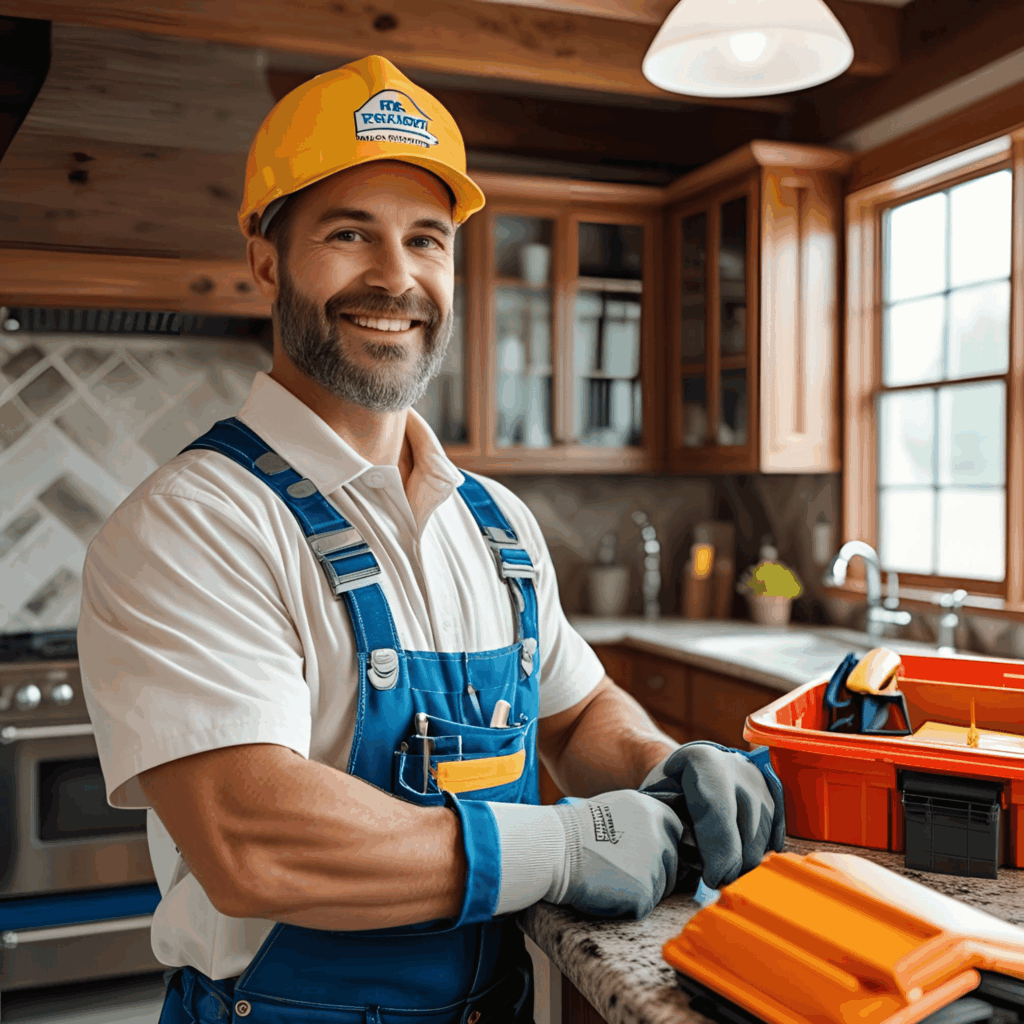 Smiling plumber in a yellow hard hat and blue overalls, standing in a kitchen with tools and equipment, representing professional plumbing services and home renovations.