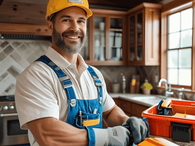 Smiling plumber in blue overalls and yellow hard hat, holding tools in a modern kitchen setting, representing Frost & Kretsch Plumbing services and expertise.