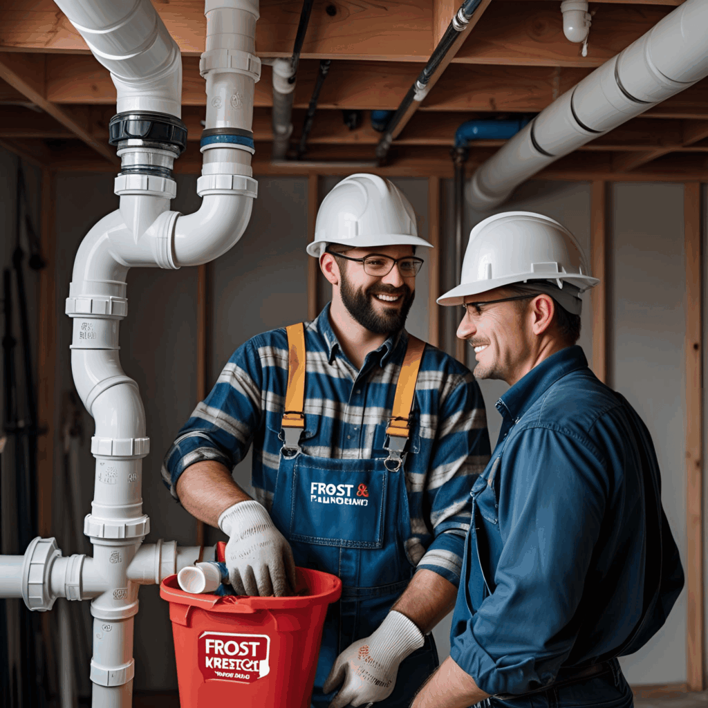 Two plumbers from Frost & Kretsch Plumbing smiling and discussing plumbing solutions, wearing hard hats and gloves, with plumbing pipes and a red bucket labeled "Frost & Kretsch" in a basement setting.
