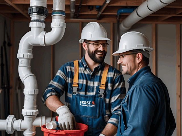 Two plumbers from Frost & Kretsch Plumbing collaborating on a plumbing project, smiling and discussing work near white PVC pipes in a home renovation setting.