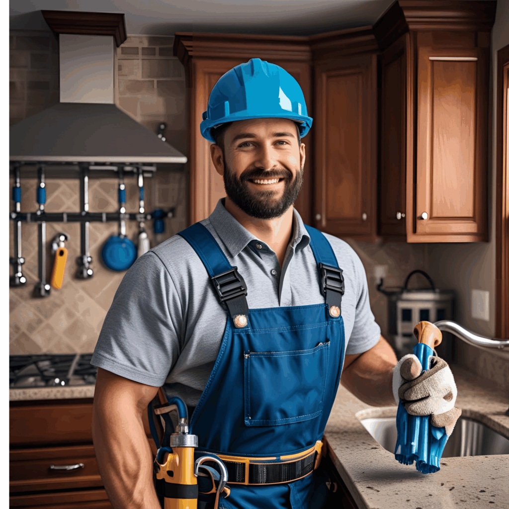 Smiling plumber in blue overalls and hard hat holding plumbing tools in a modern kitchen, representing Frost & Kretsch Plumbing's reliable service in Fraser.