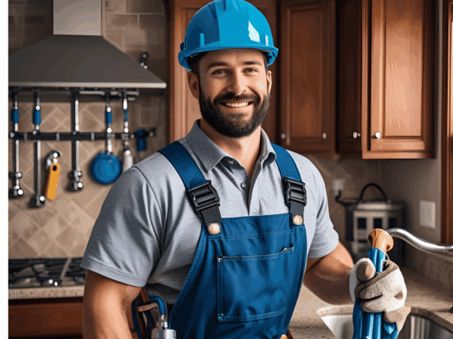 Smiling plumber in blue overalls and hard hat, holding plumbing tools in a modern kitchen, representing expert plumbing services by Frost & Kretsch Plumbing.