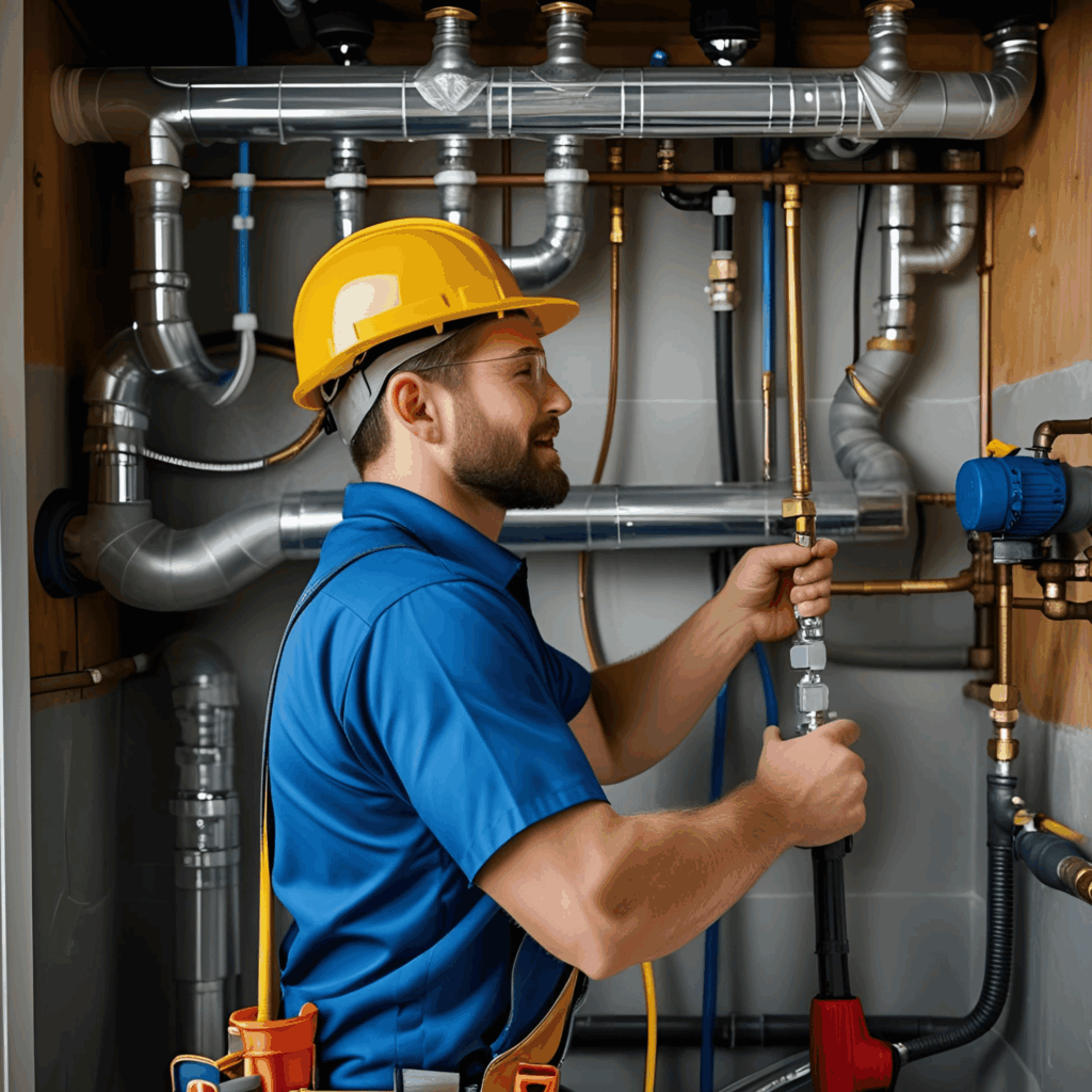 Plumber in blue shirt and yellow hard hat working on plumbing pipes and fittings, representing reliable plumbing services in Fraser by Frost & Kretsch Plumbing.