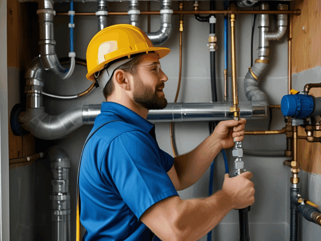 Plumber in blue shirt and yellow hard hat working on plumbing pipes and fixtures in a residential setting, highlighting expert plumbing services relevant to home renovations and repairs in Macomb.