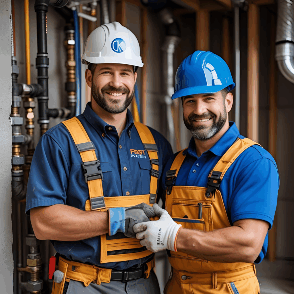 Two smiling plumbers in work uniforms shaking hands, surrounded by plumbing pipes and tools, representing Frost & Kretsch Plumbing's commitment to quality service in Fraser.