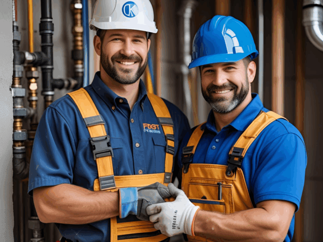 Two smiling plumbers in safety gear shaking hands, showcasing teamwork and professionalism, with plumbing pipes in the background, representing Frost & Kretsch Plumbing's reliable services in Fraser.