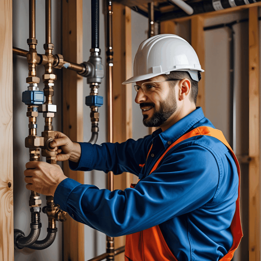 Plumber working on pipes in a residential setting, wearing a hard hat and blue work shirt, representing Frost & Kretsch Plumbing's expert service in Fraser.