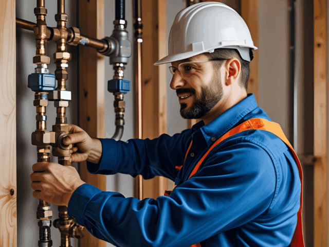 Plumber in hard hat and safety glasses working on plumbing pipes, showcasing expert service relevant to Frost & Kretsch Plumbing in Macomb.